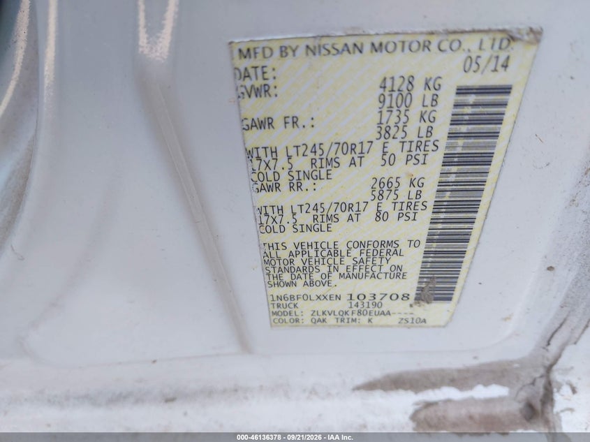 NISSAN NV CARGO NV2500 HD 2014 VIN 1N6BF0LXXEN103708