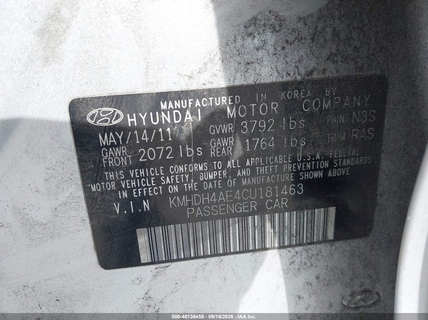HYUNDAI ELANTRA 2012 VIN KMHDH4AE4CU181463