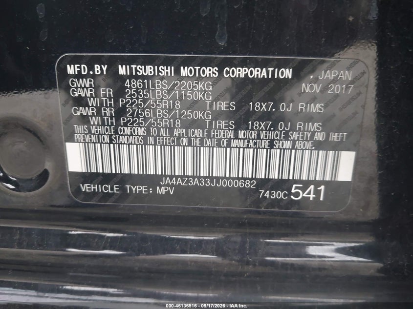 MITSUBISHI OUTLANDER 2018 VIN JA4AZ3A33JJ000682