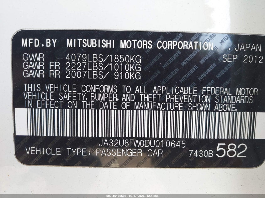 MITSUBISHI LANCER 2013 VIN JA32U8FW0DU010645