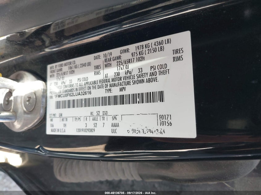 FORD ESCAPE 2020 VIN 1FMCU0F62LUA32616