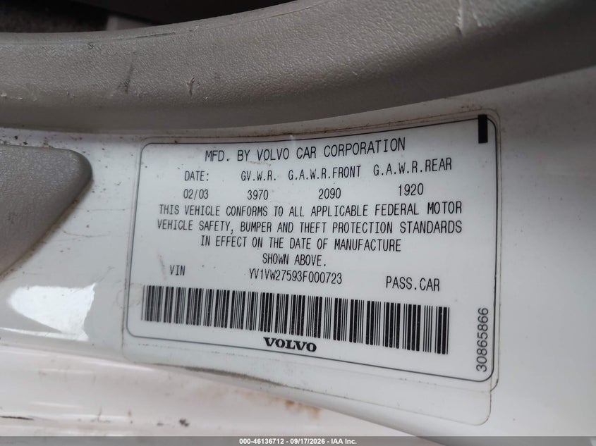 VOLVO V40 2003 VIN YV1VW27593F000723