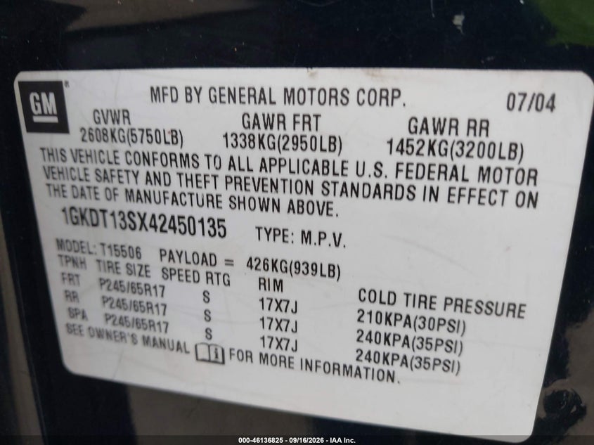 GMC ENVOY 2004 VIN 1GKDT13SX42450135