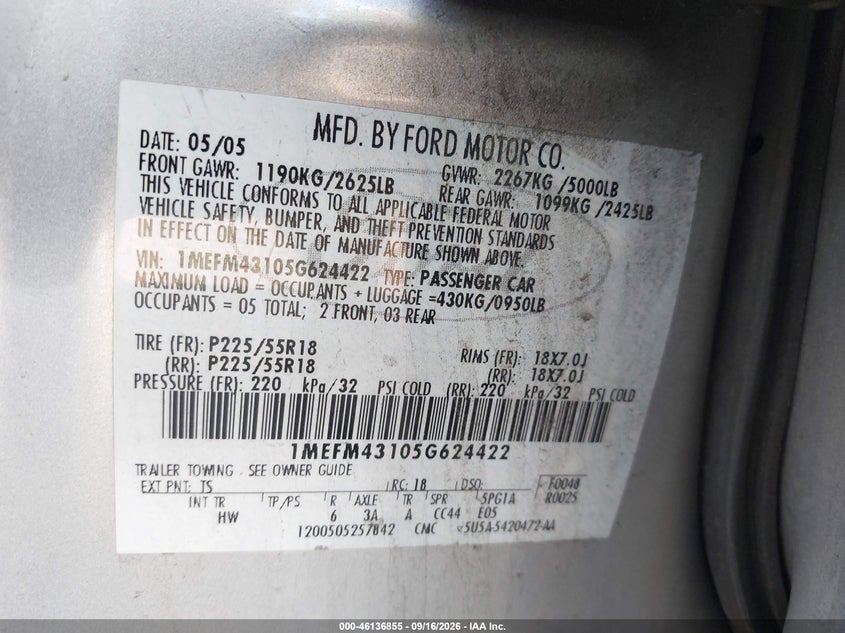 MERCURY MONTEGO 2005 VIN 1MEFM43105G624422