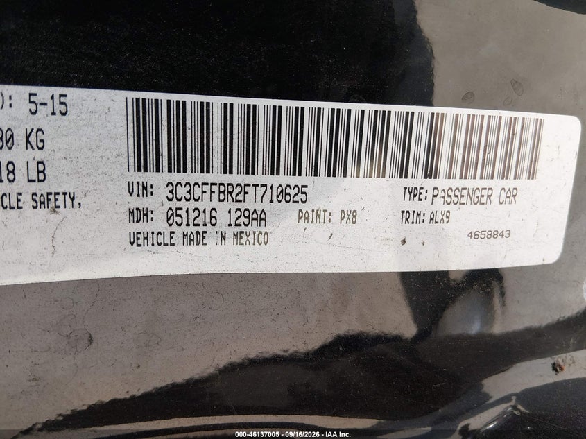 FIAT 500 2015 VIN 3C3CFFBR2FT710625