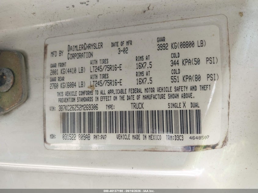 DODGE RAM 2500 2002 VIN 3B7KC26Z52M269306