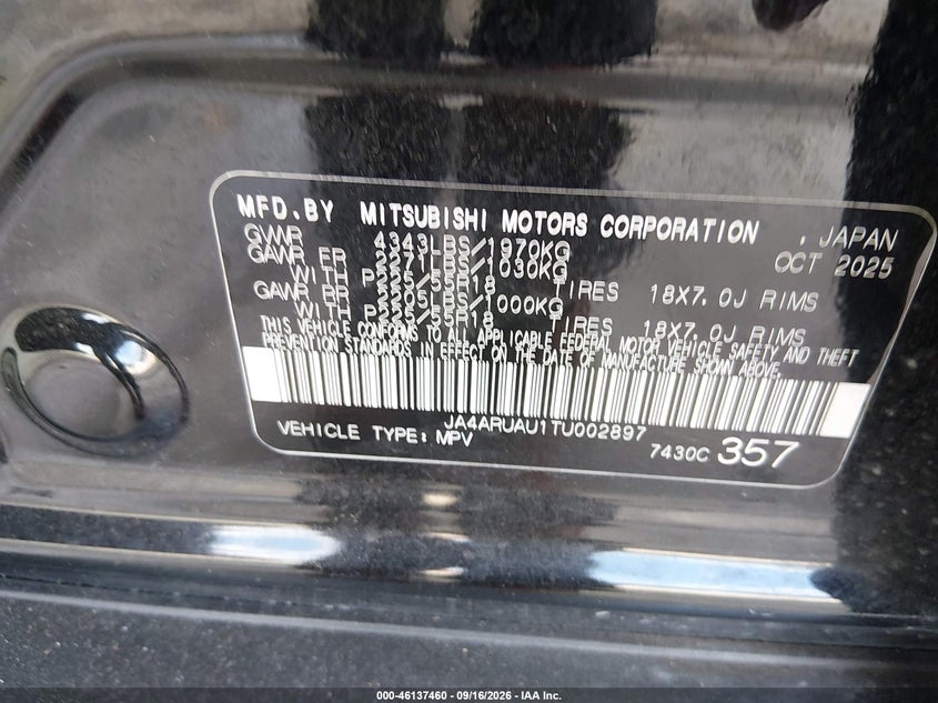 MITSUBISHI OUTLANDER SPORT 2026 VIN JA4ARUAU1TU002897
