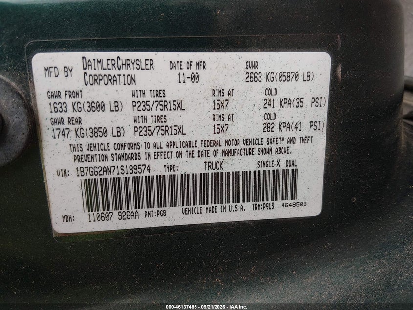 DODGE DAKOTA 2001 VIN 1B7GG2AN71S189574