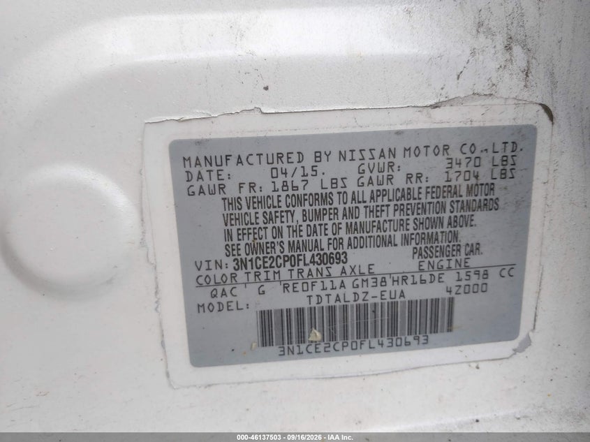 NISSAN VERSA NOTE 2015 VIN 3N1CE2CP0FL430693