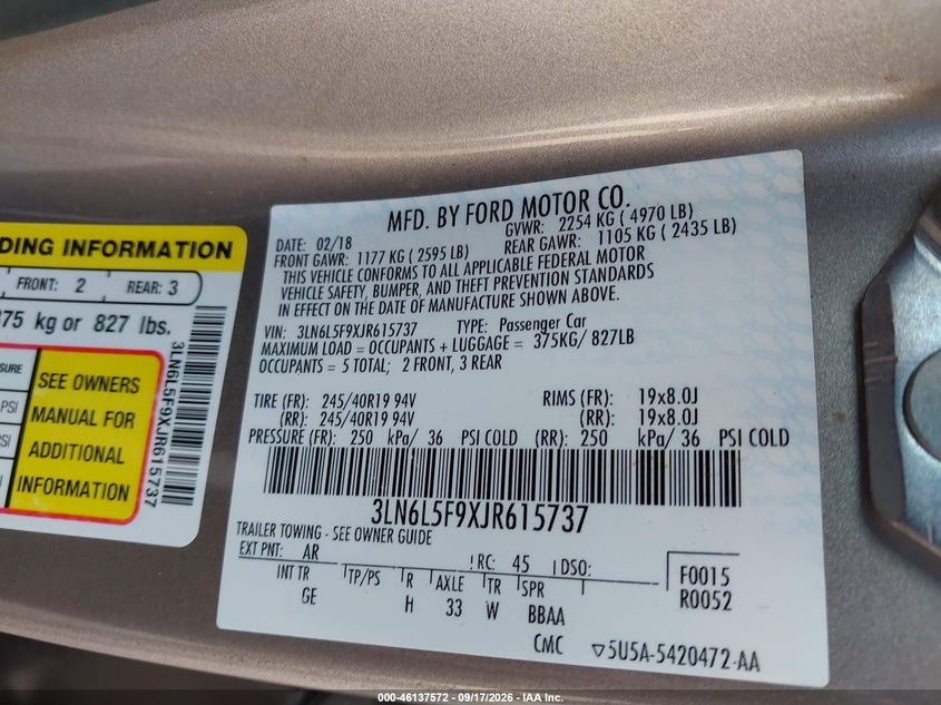 LINCOLN MKZ 2018 VIN 3LN6L5F9XJR615737