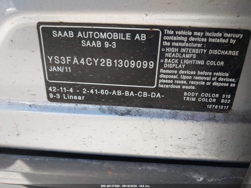 SAAB 9-3 2011 VIN YS3FA4CY2B1309099