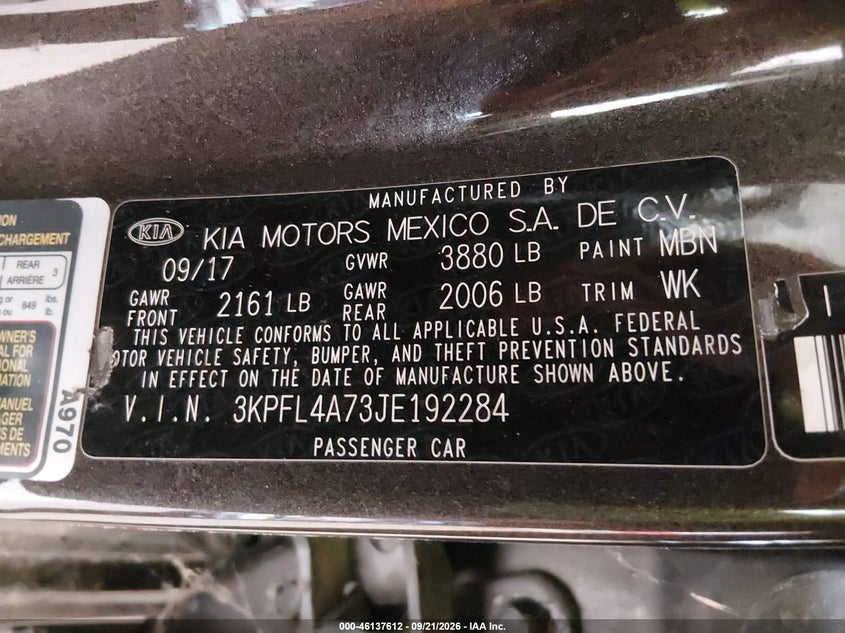 KIA FORTE 2018 VIN 3KPFL4A73JE192284