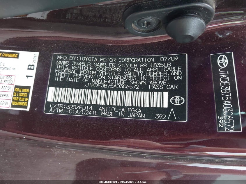 SCION TC 2010 VIN JTKDE3B75A0306572