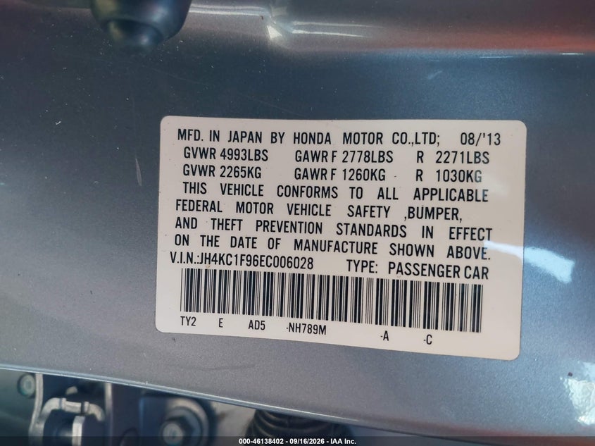 ACURA RLX 2014 VIN JH4KC1F96EC006028
