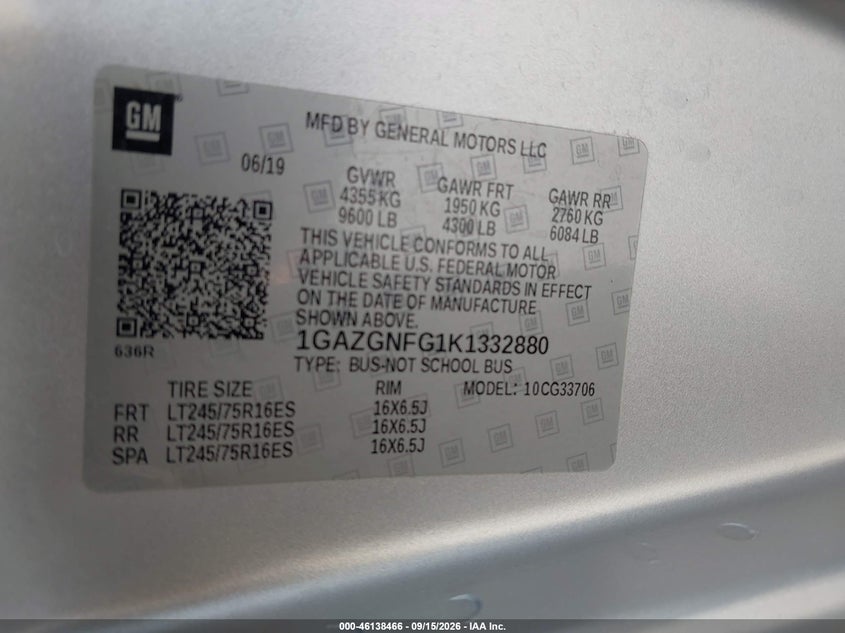 CHEVROLET EXPRESS 3500 2019 VIN 1GAZGNFG1K1332880
