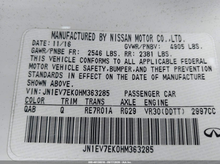INFINITI Q60 2017 VIN JN1EV7EK0HM363285