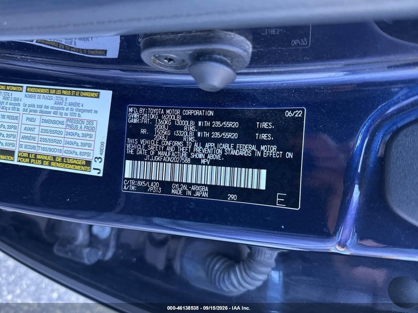LEXUS RX 450HL 2022 VIN JTJJGKFA0N2027588