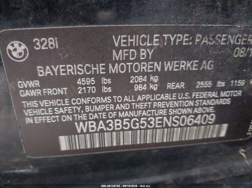 BMW 328I 2014 VIN WBA3B5G53ENS06409