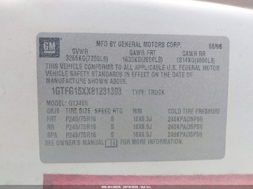 GMC SAVANA 2008 VIN 1GTFG15XX81231303