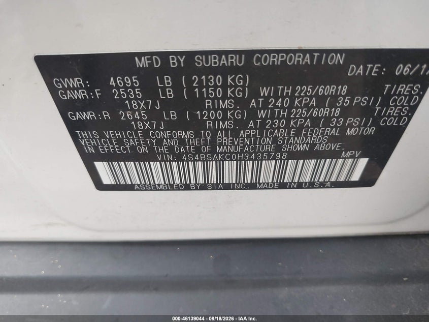 SUBARU OUTBACK 2017 VIN 4S4BSAKC0H3435798
