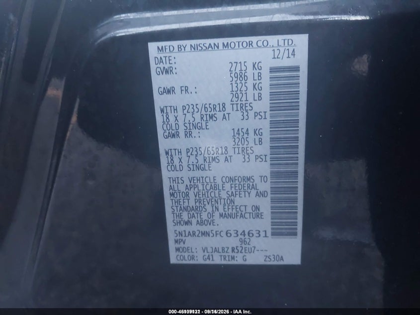 NISSAN PATHFINDER 2015 VIN 5N1AR2MN5FC634631