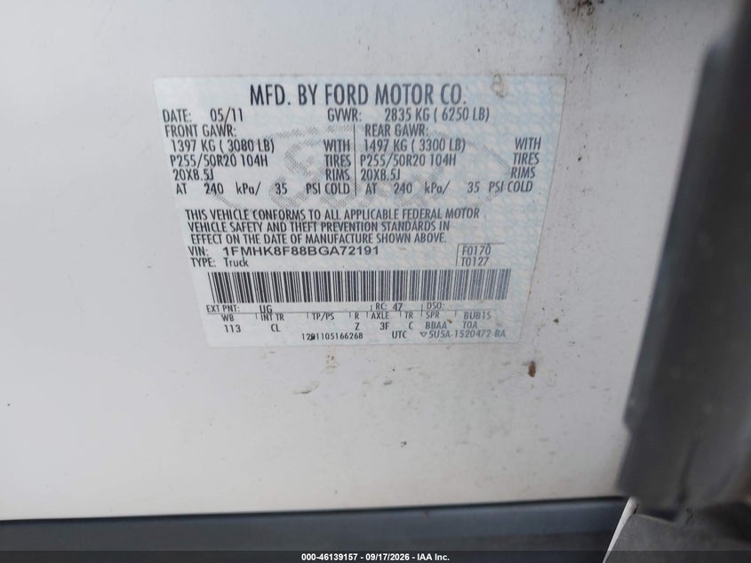 FORD EXPLORER 2011 VIN 1FMHK8F88BGA72191