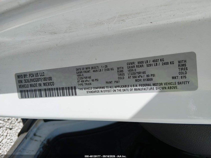 Vin: 3c6lrvcg8te180100, lot: 46638911, ram promaster tradesman 20264