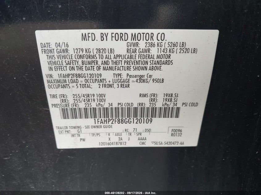 FORD TAURUS 2016 VIN 1FAHP2F88GG120109