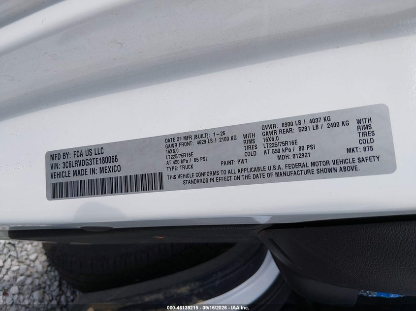Vin: 3c6lrvdg3te180066, lot: 46638949, ram promaster 2500 tradesman high roof 159 wb w/pass seat 20264
