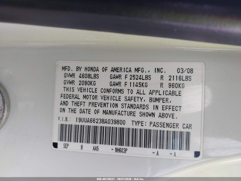 ACURA TL 2008 VIN 19UUA66238A039800