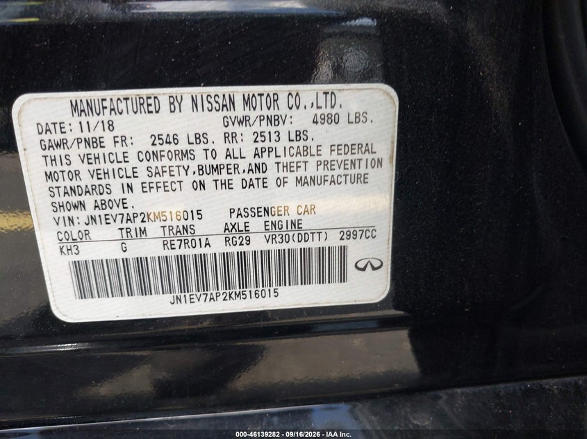 INFINITI Q50 2019 VIN JN1EV7AP2KM516015