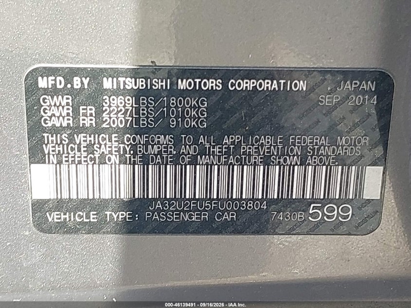 MITSUBISHI LANCER 2015 VIN JA32U2FU5FU003804