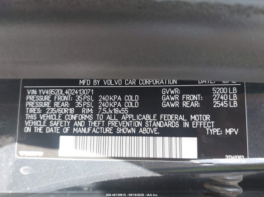 VOLVO XC60 2013 VIN YV4952DL4D2413071