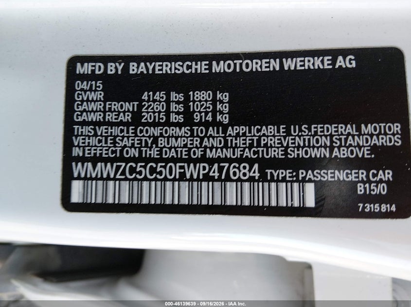 MINI COUNTRYMAN 2015 VIN WMWZC5C50FWP47684