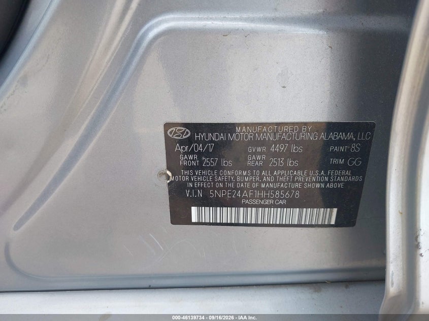 HYUNDAI SONATA 2017 VIN 5NPE24AF1HH585678