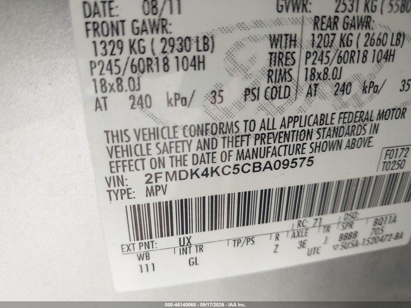 FORD EDGE 2012 VIN 2FMDK4KC5CBA09575