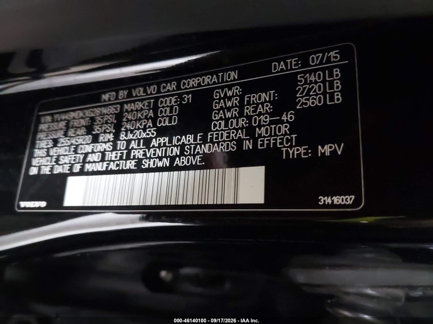 VOLVO XC60 2016 VIN YV449MDKXG2814663