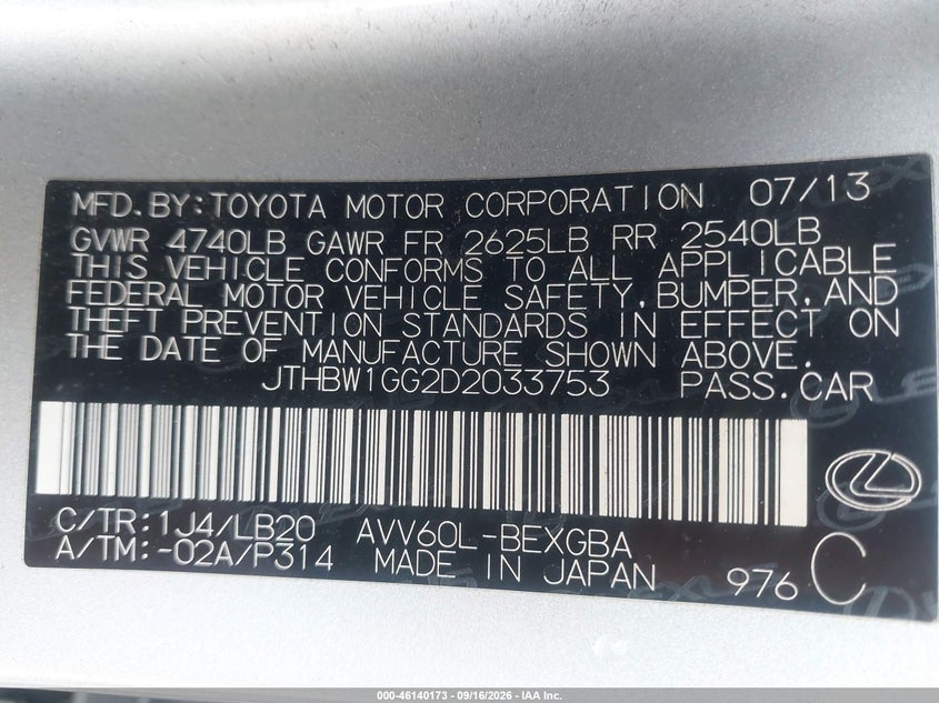2013 Lexus Es 300H VIN: JTHBW1GG2D2033753 Lot: 46140173