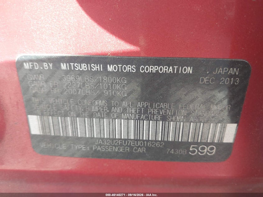 MITSUBISHI LANCER 2014 VIN JA32U2FU7EU016262