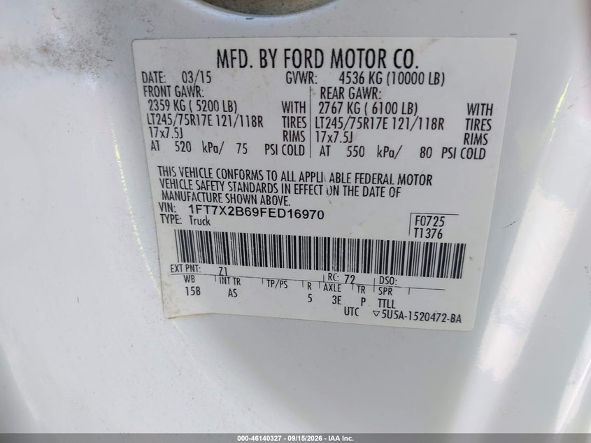 FORD F-250 2015 VIN 1FT7X2B69FED16970
