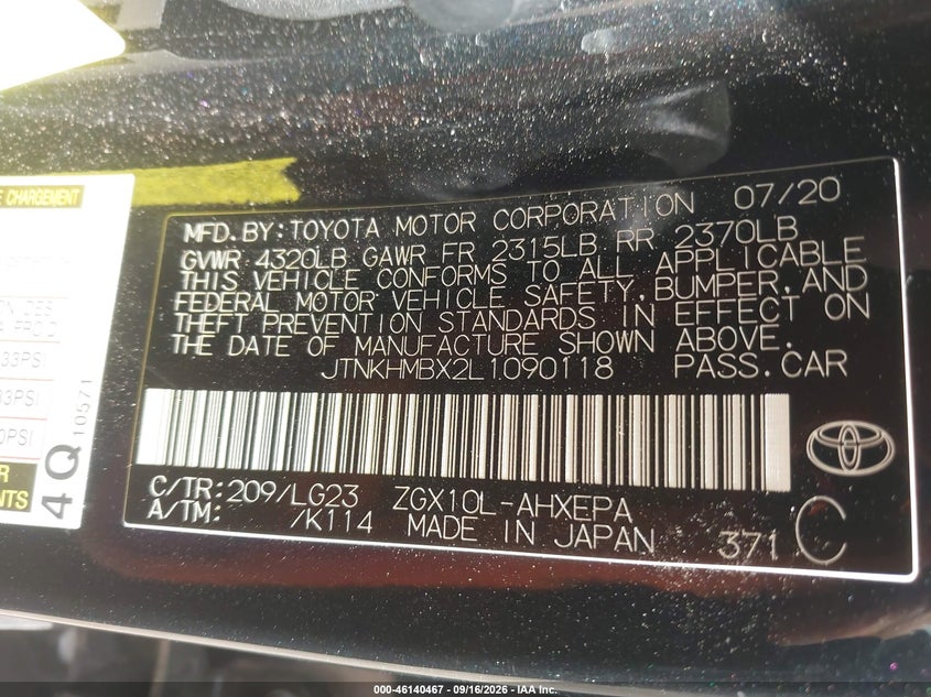 TOYOTA C-HR 2020 VIN JTNKHMBX2L1090118