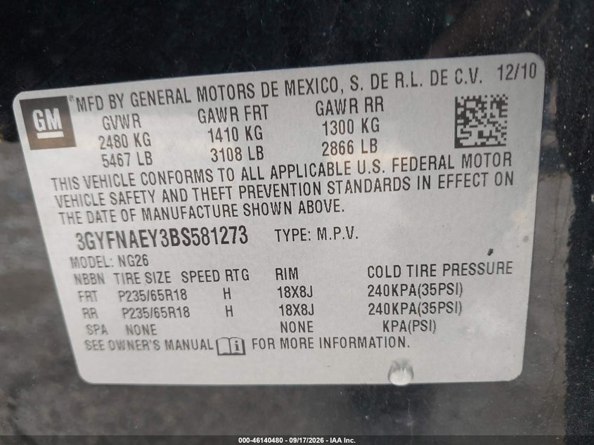 CADILLAC SRX 2011 VIN 3GYFNAEY3BS581273