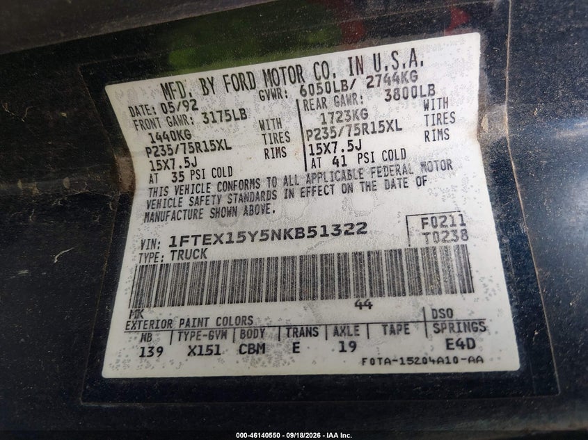 FORD F150 1992 VIN 1FTEX15Y5NKB51322