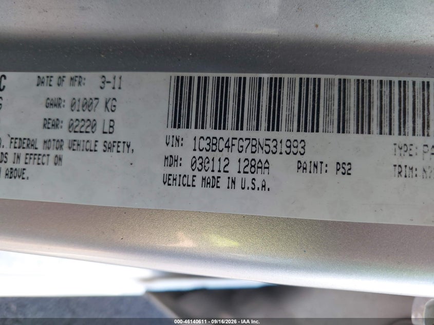 CHRYSLER 200 2011 VIN 1C3BC4FG7BN531993