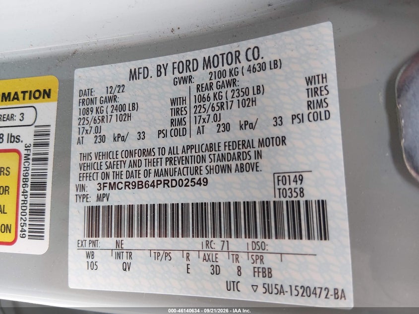 FORD BRONCO SPORT 2023 VIN 3FMCR9B64PRD02549