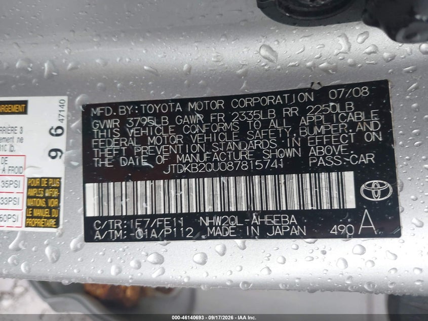 TOYOTA PRIUS 2008 VIN JTDKB20U087815741