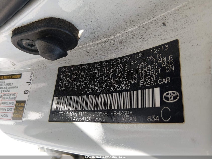 TOYOTA PRIUS PLUG-IN 2014 VIN JTDKN3DP2E3052383