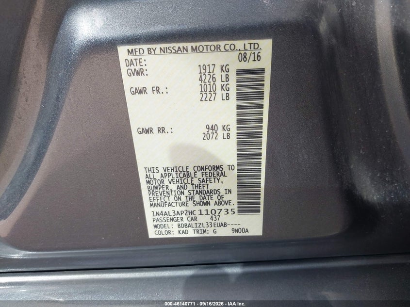 NISSAN ALTIMA 2017 VIN 1N4AL3AP2HC110735