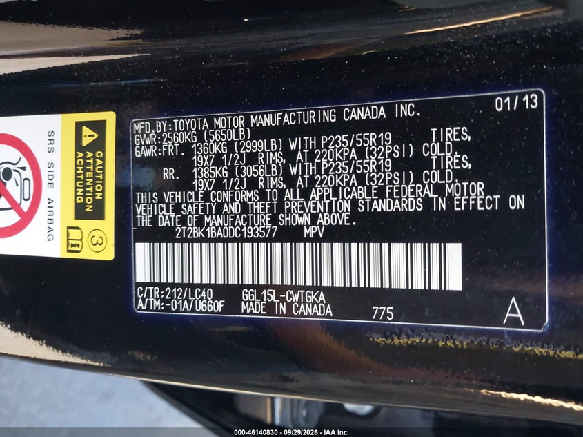 LEXUS RX 350 2013 VIN 2T2BK1BA0DC193577