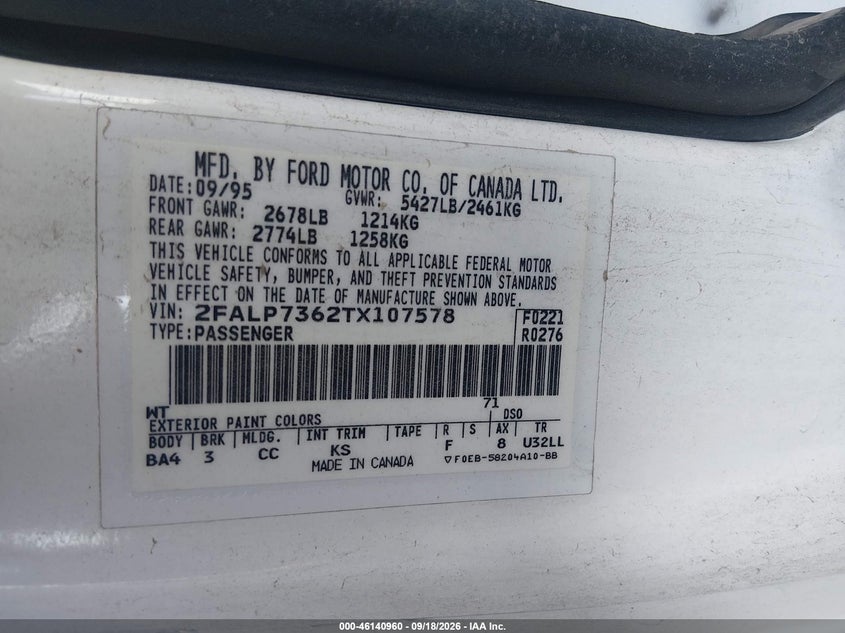 FORD CROWN VICTORIA 1996 VIN 2FALP7362TX107578